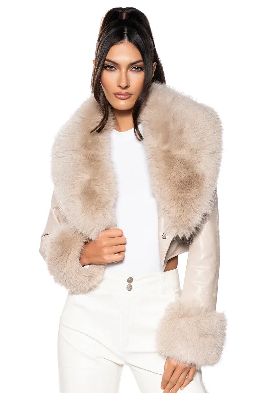 GISELE CROP FAUX FUR MOTO JACKET IN IVORY