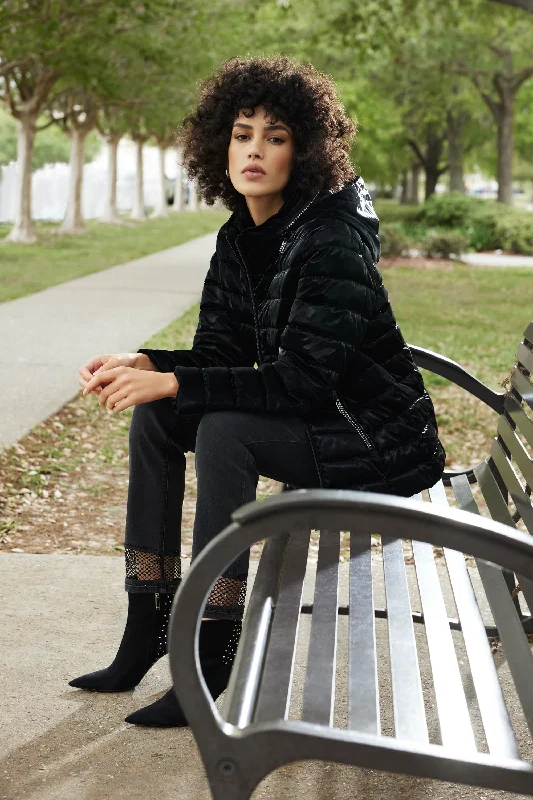 Metallic Puffer Jacket in Black 233967 by Joseph Ribkoff.