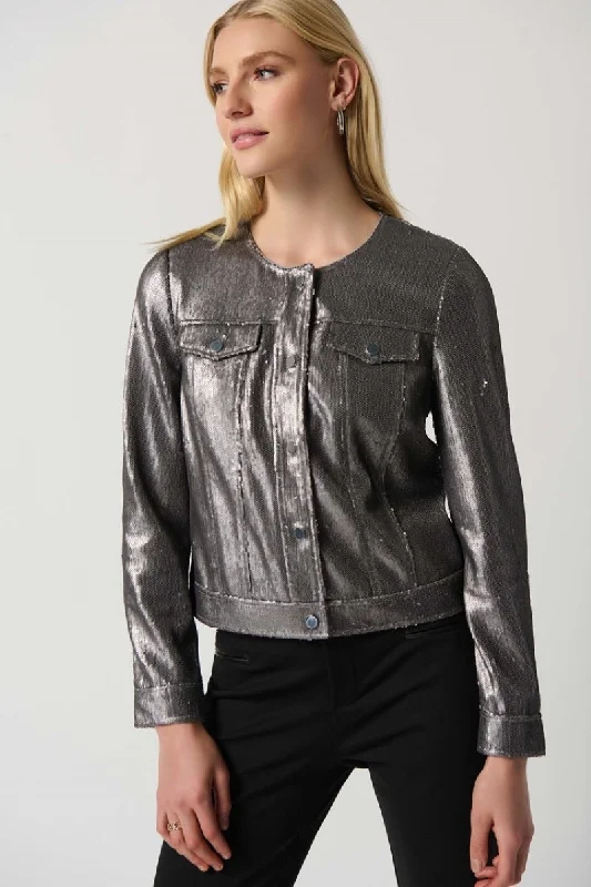 Sequin Jacket with Faux Pockets in Gunmetal 234932 by Joseph Ribkoff