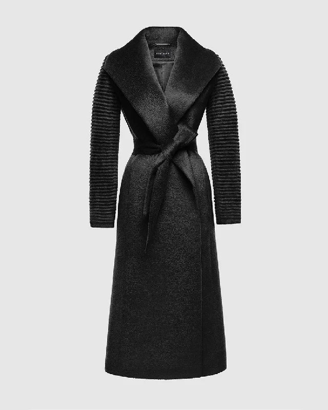 Suri Alpaca Long Shawl Collar Wrap Coat with Ribbed Sleeves