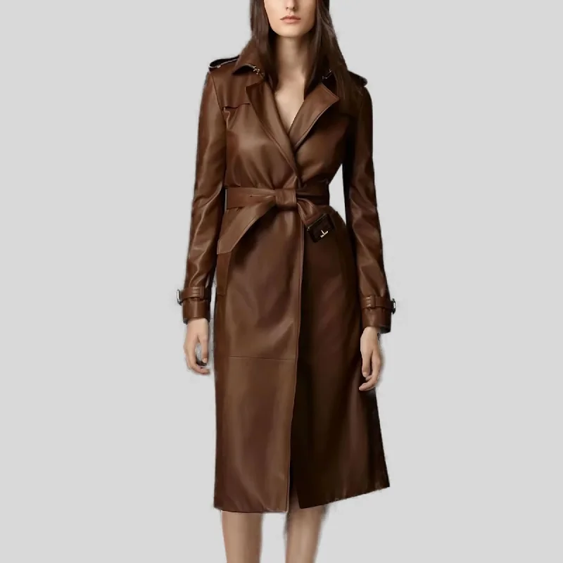 Women Brown Genuine Real Leather Designer Trench Belted Coat