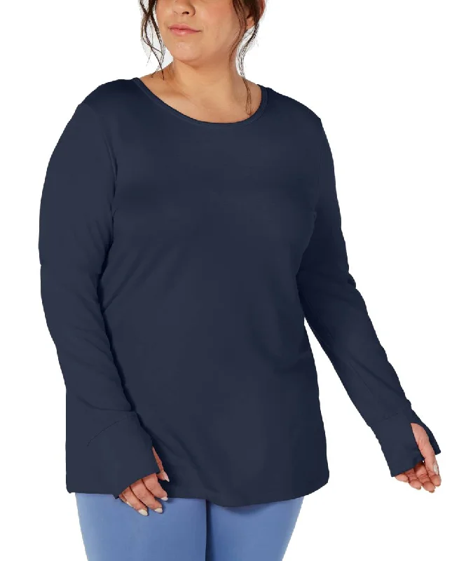 Ideology Plus Women's Crochet Back Long Sleeve Shirts, Blue, 2X