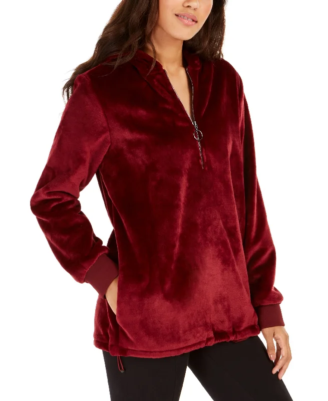 Ideology Women's Faux-Fur Quarter-Zip Soft Hoodie, Cherry Pie, S