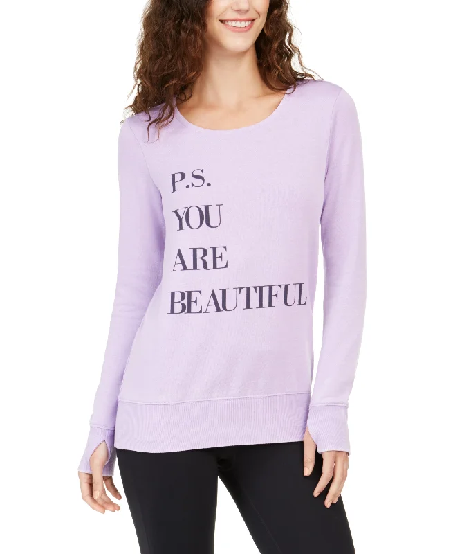 Ideology Women's You're Beautiful Thumb-Hole Fleece Top, Purple, M