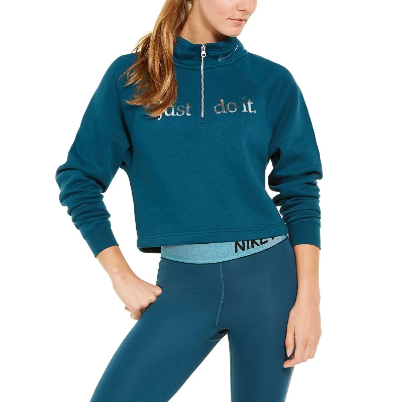 Nike Women's Metallic Half-Zip Funnel-Neck Sweatshirts, Turquoise, L